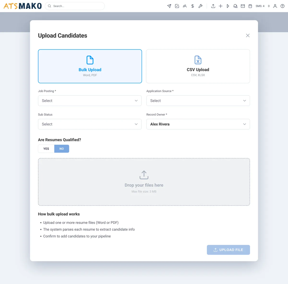Bulk resume upload modal with parsing options in ATS Mako