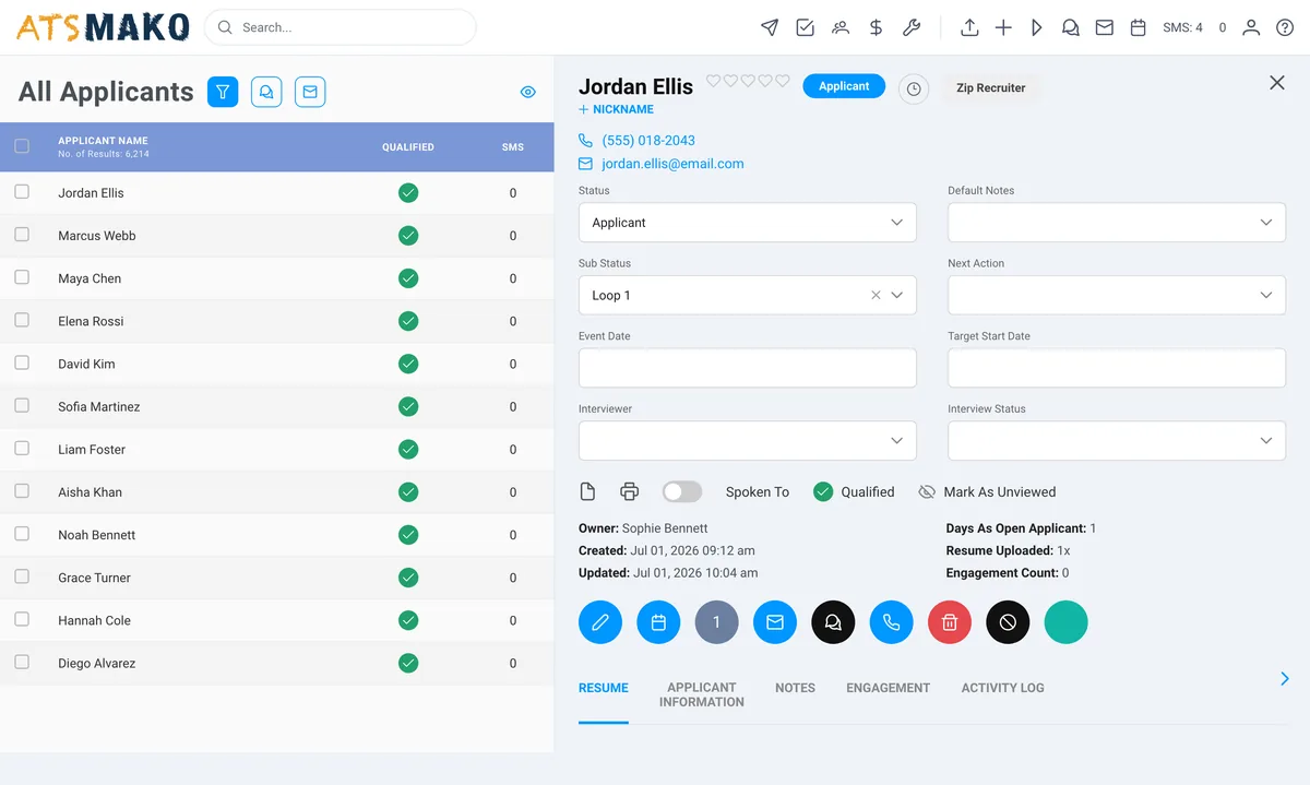 Candidate profile drawer beside the applicant pipeline list in ATS Mako
