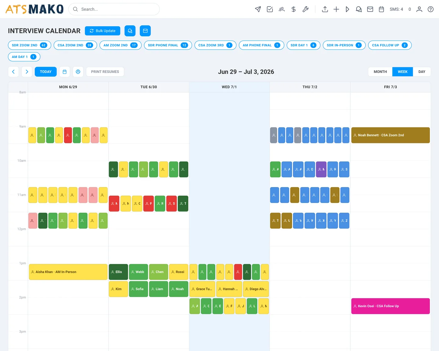 Color-coded weekly interview calendar in ATS Mako