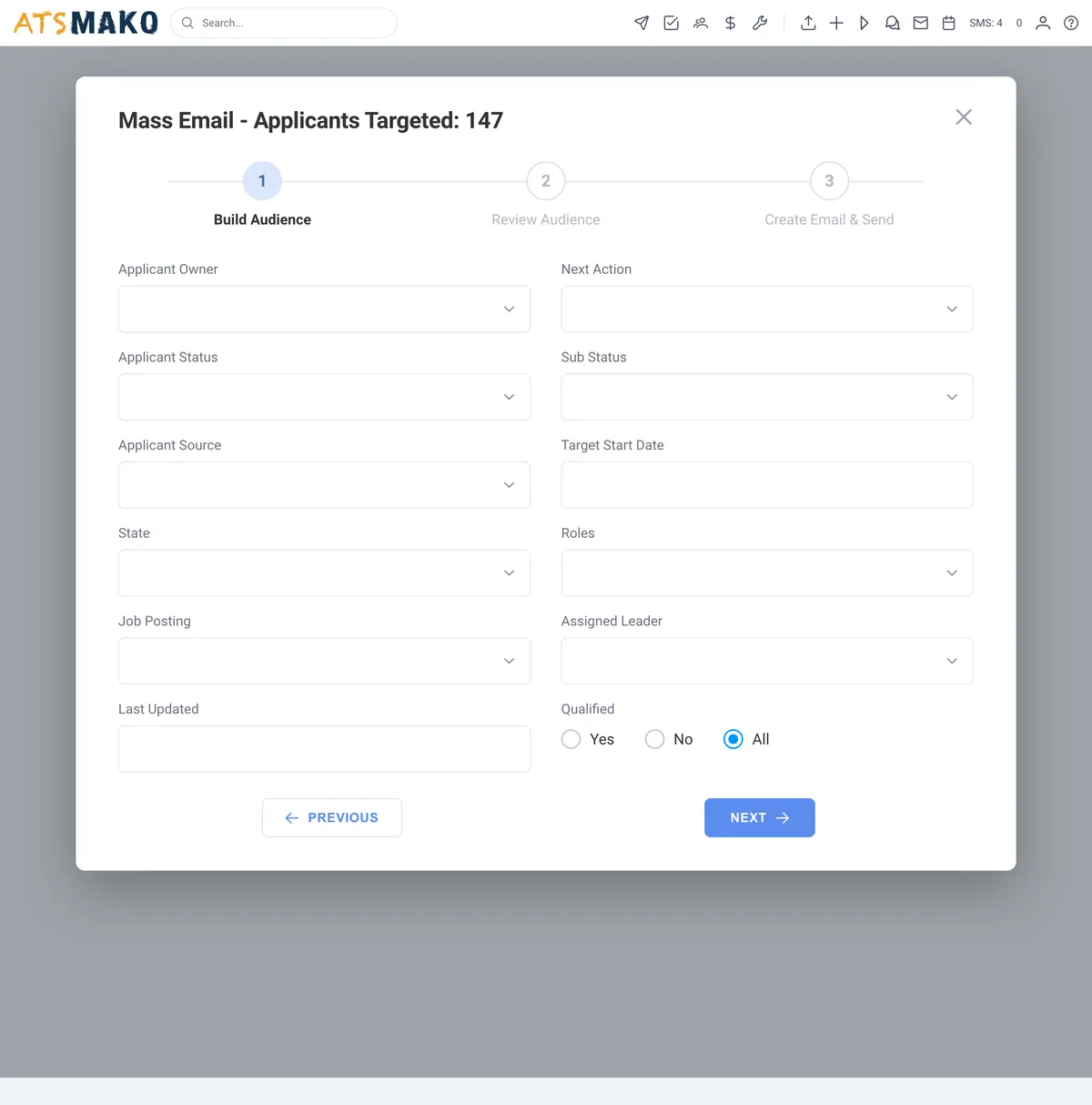 Mass email audience builder wizard in ATS Mako