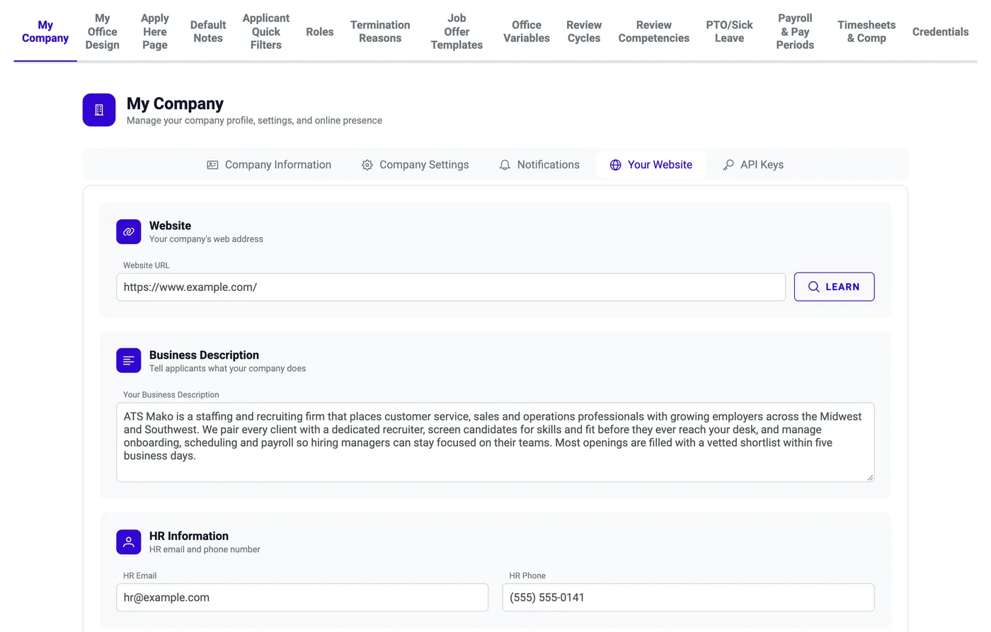 My Company > Your Website: website URL, Learn button and the generated Business Description