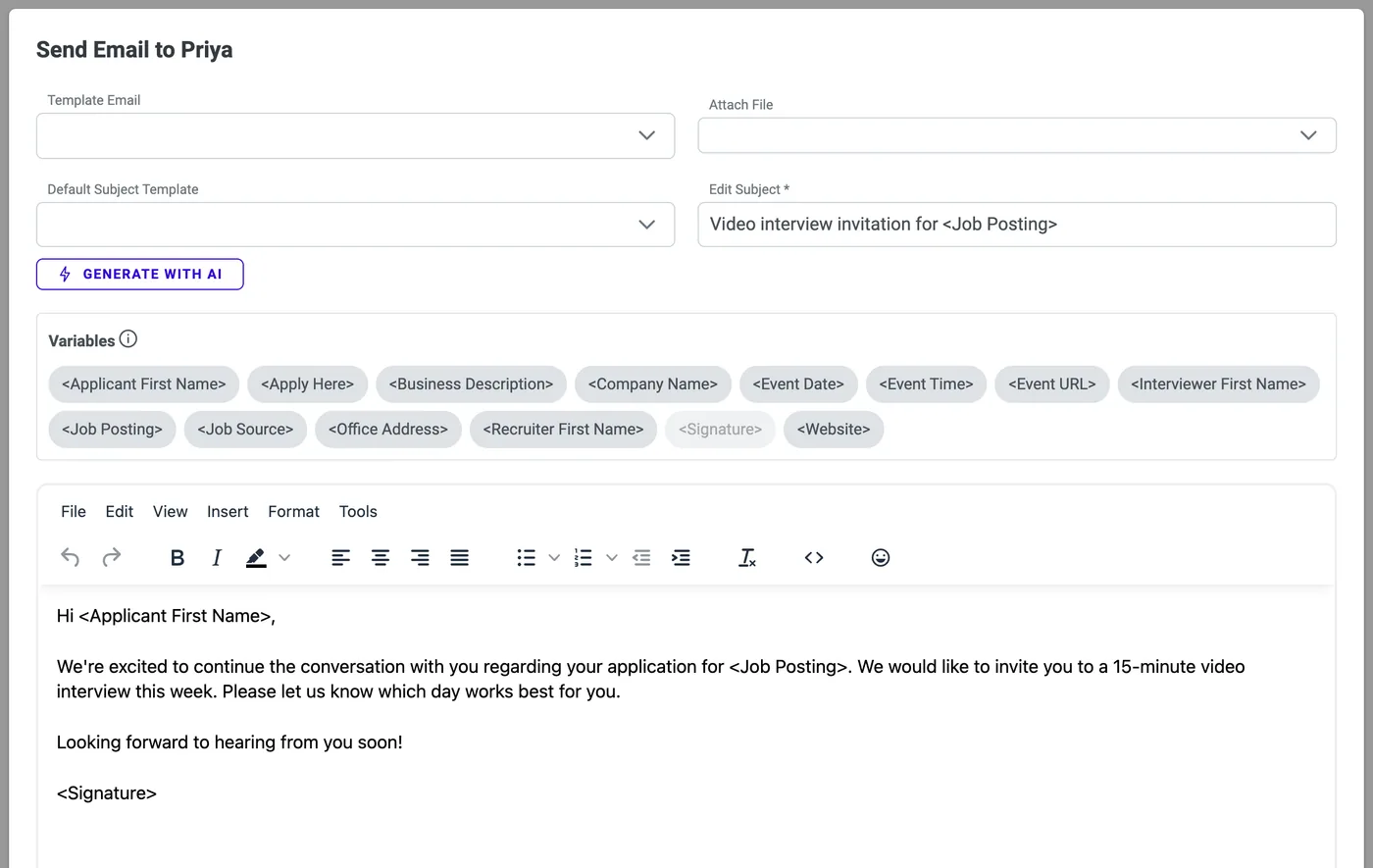 Generated email subject and body in the normal editor with merge tags, ready to edit and send