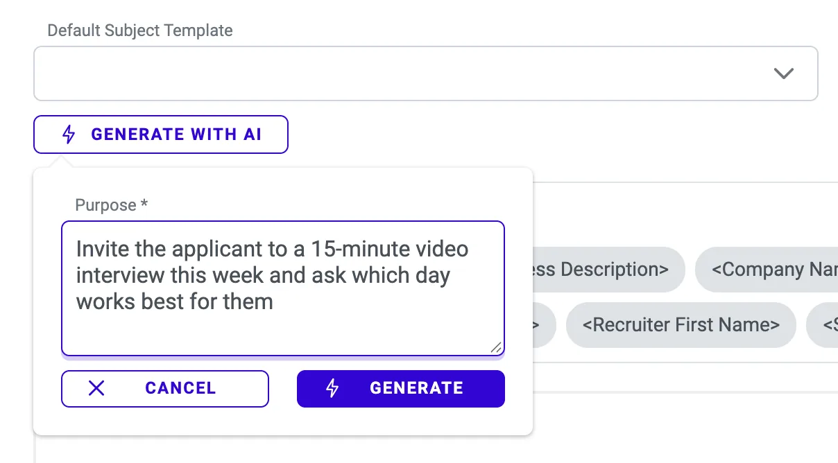 Generate with AI on the Send Email dialog: describe the purpose of the email in a sentence