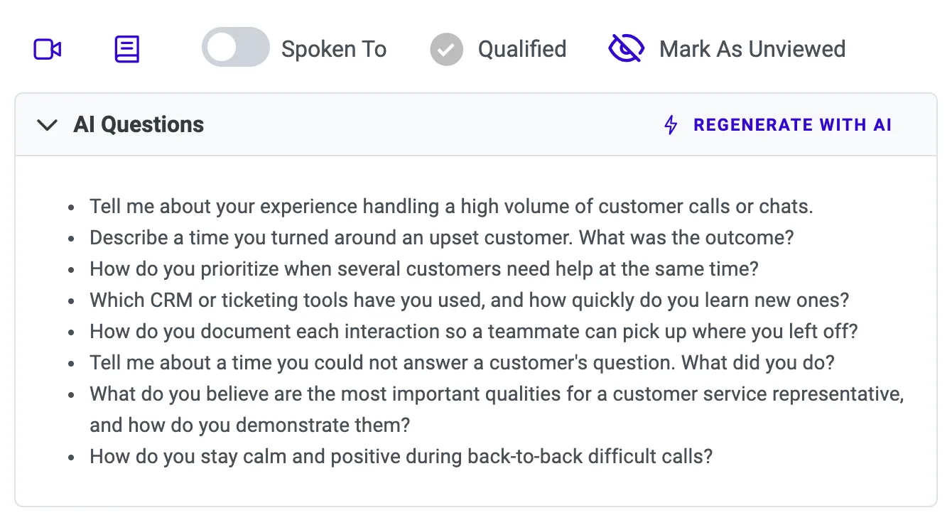 AI Questions panel on an applicant profile: eight tailored interview questions