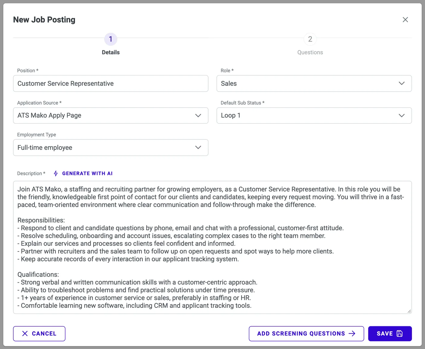 New Job Posting dialog: Generate with AI writes the description with responsibilities and qualifications