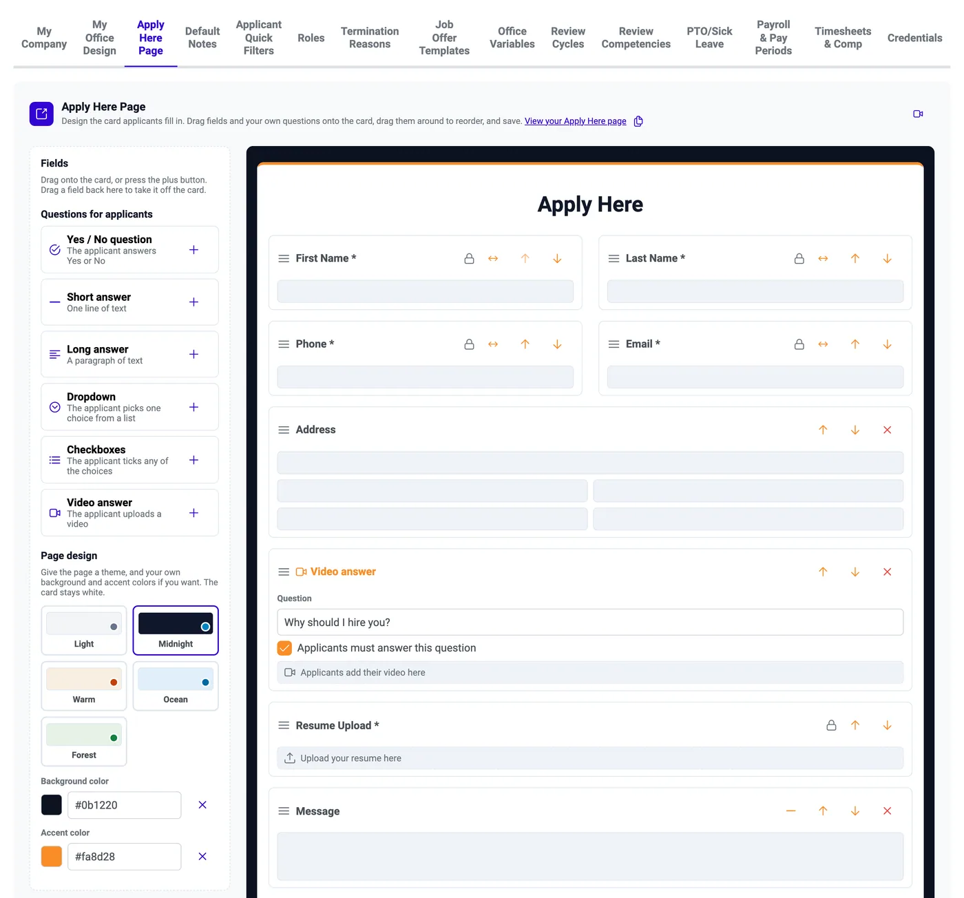 Settings > Apply Here Page: palette of fields and question types on the left, live preview of the application card on the right