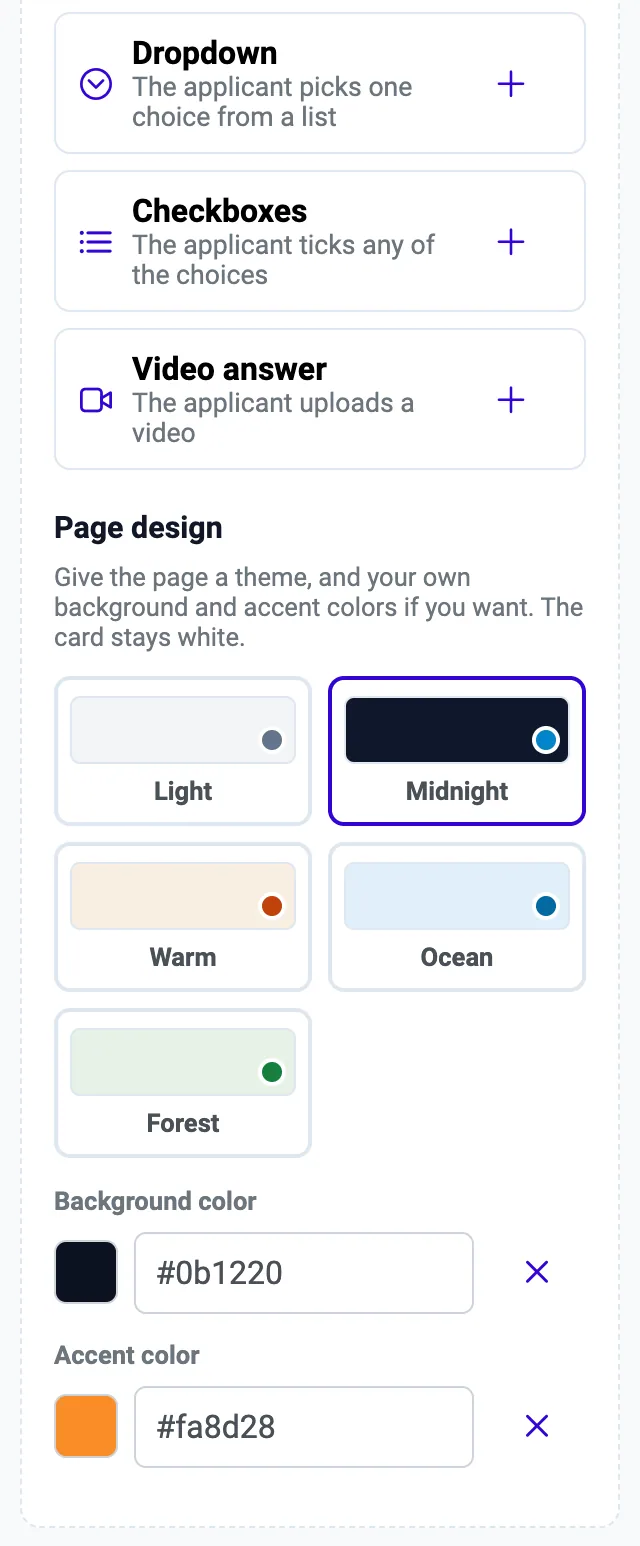 Page design: five themes (Light, Midnight, Warm, Ocean, Forest) plus background and accent colors