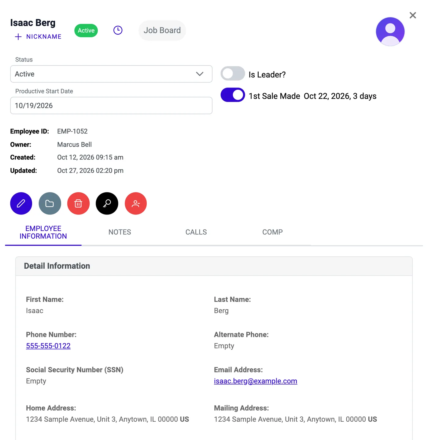 Employee panel: status, Is Leader? switch, action buttons and the Employee Information tab