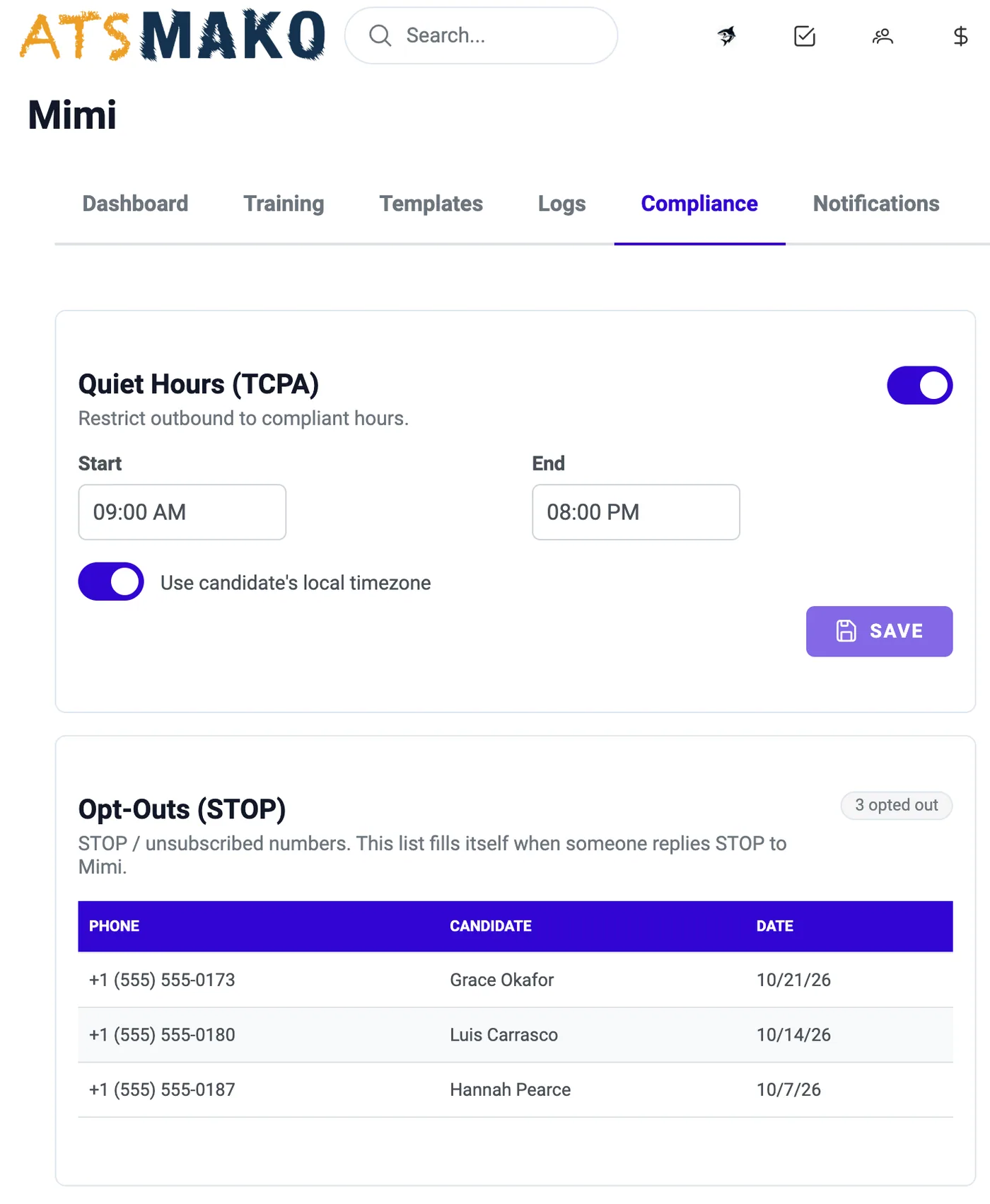 Mimi Compliance: quiet hours with the applicant's local time zone, STOP opt-outs list