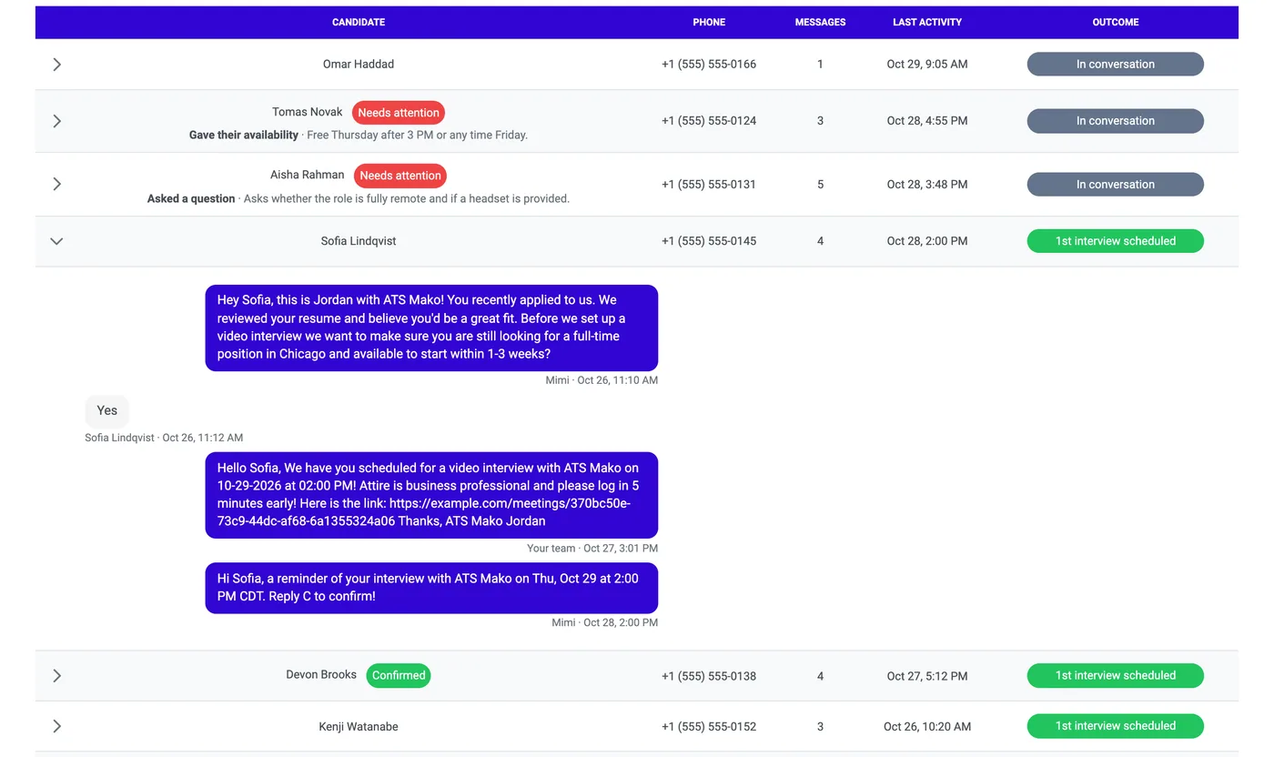 An opened Mimi conversation: outreach, the applicant reply, the team's confirmation and Mimi's reminder