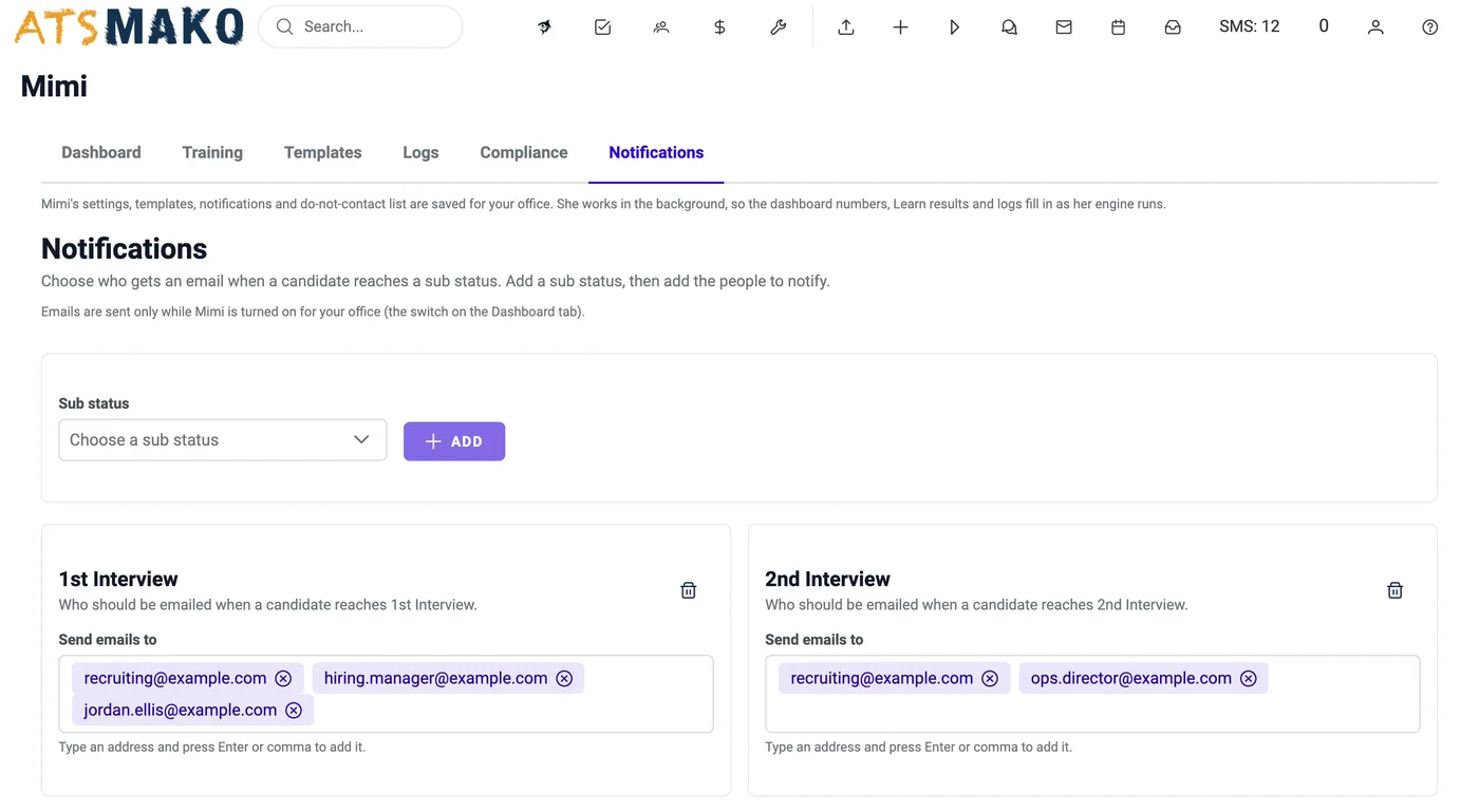 Mimi Notifications: pick a sub-status, then add the people who should be emailed