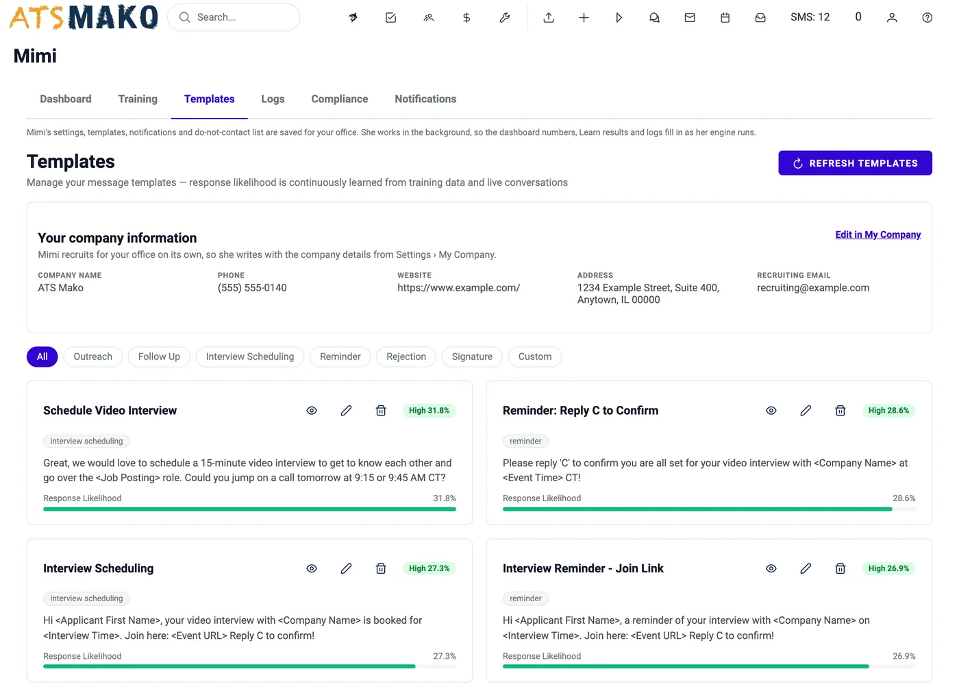 Mimi Templates: company information, category filters and template cards with response-likelihood badges