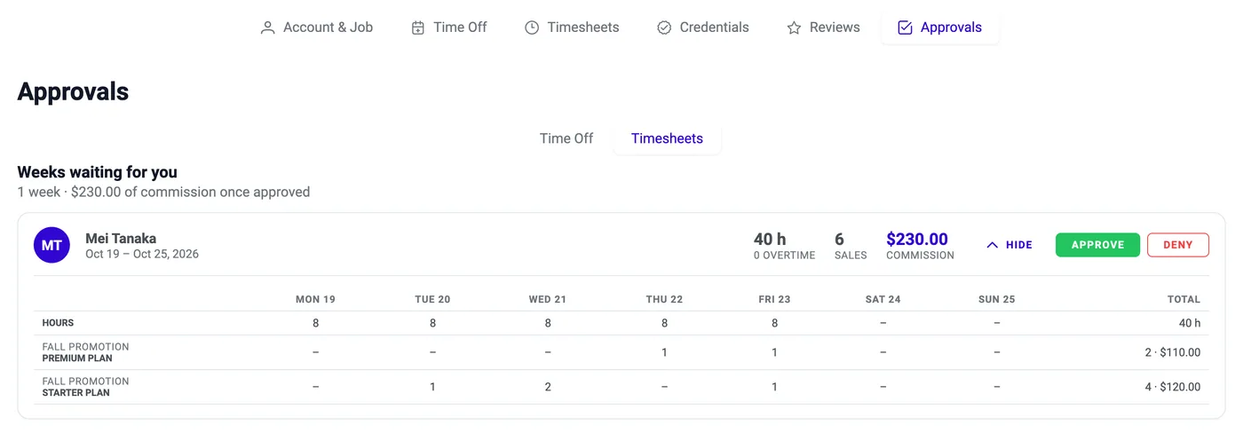 Leader's Approvals tab: a submitted timesheet week with Hide, Approve and Deny buttons