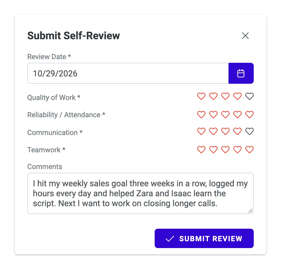 Employee Portal, Reviews: Submit Self-Review window with every competency rated 1 to 5