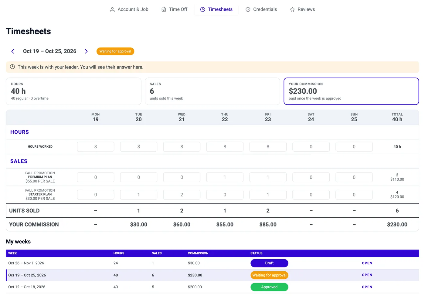 Employee Portal, Timesheets: a Monday-Sunday week, hours per day, status Waiting for approval, My weeks