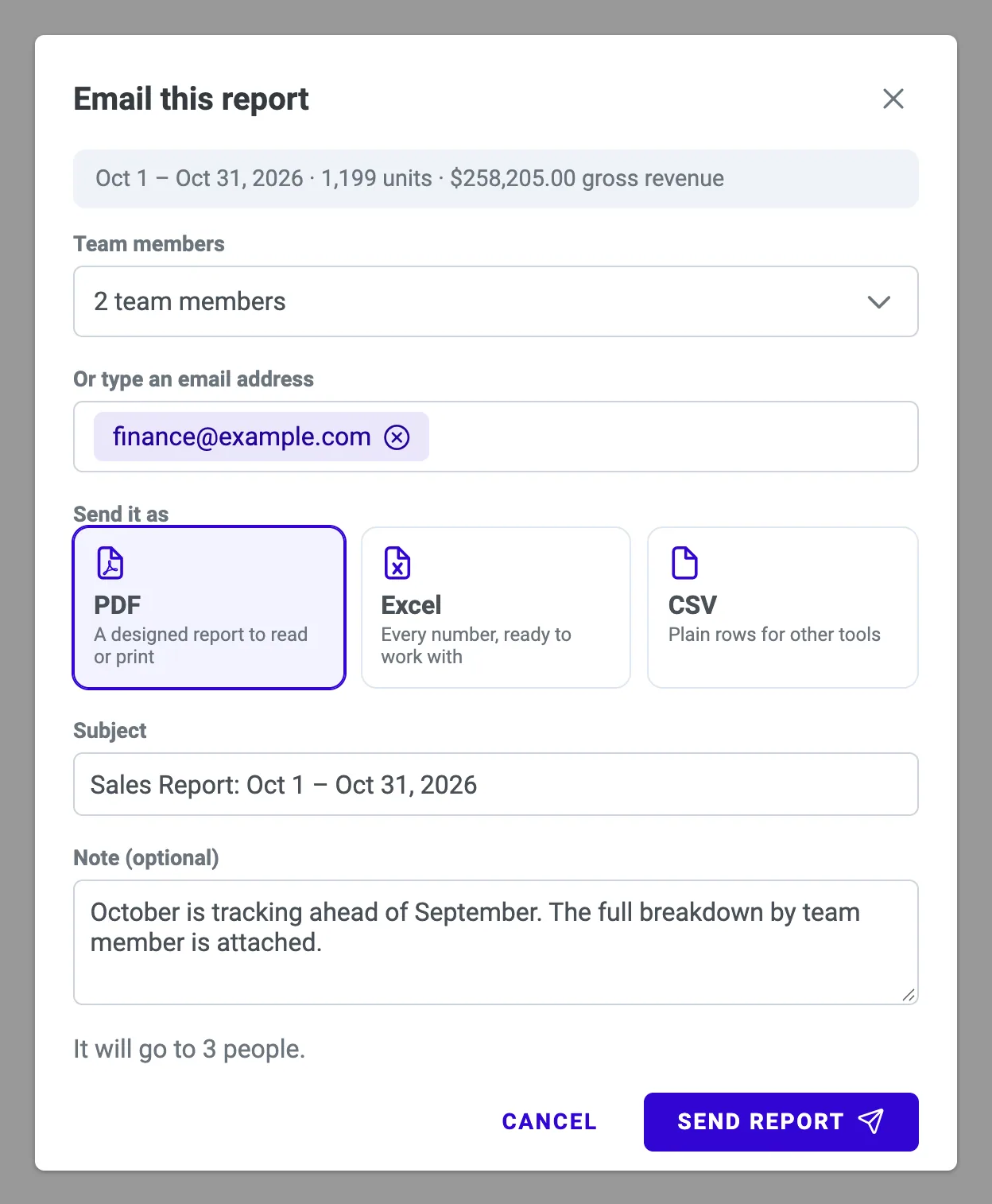 Email this report: choose team members or type addresses, pick PDF, Excel or CSV, edit subject and add a note