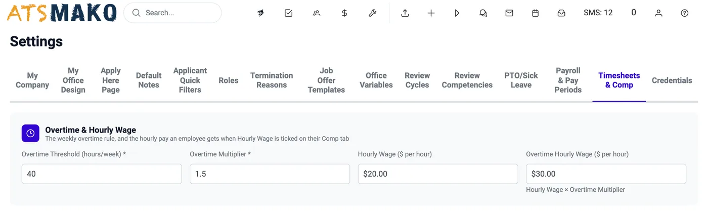 Timesheets & Comp: weekly overtime threshold, overtime multiplier and hourly wage