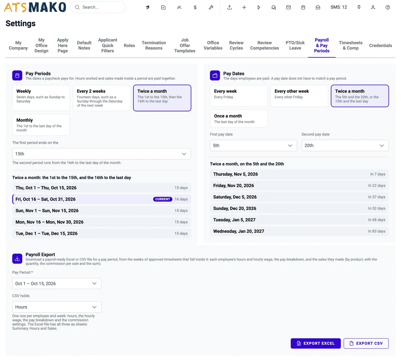 Payroll & Pay Periods: how pay periods are cut, when employees are paid, live previews, payroll export