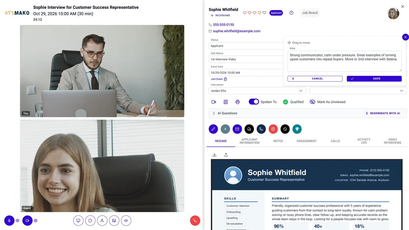 A live interview in ATS Mako: the video call on the left and the applicant's whole file docked beside it (details and status, notes, resume, AI questions, and every tab), with the Add Note box open