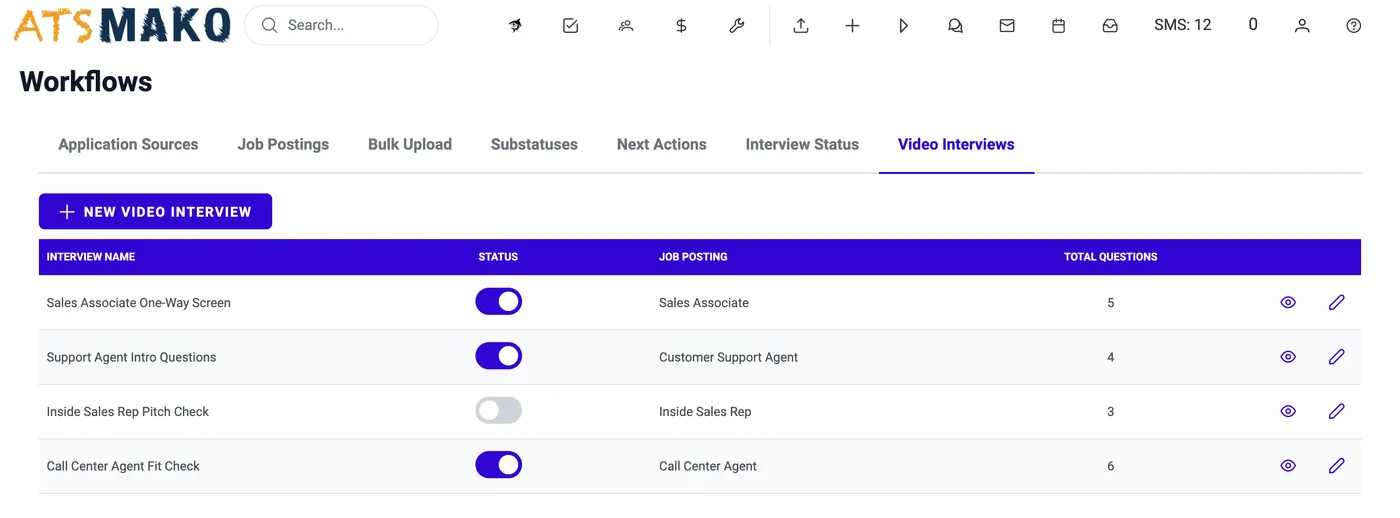 Admin > Workflows > Video Interviews: saved one-way question sets with status, job posting and number of questions