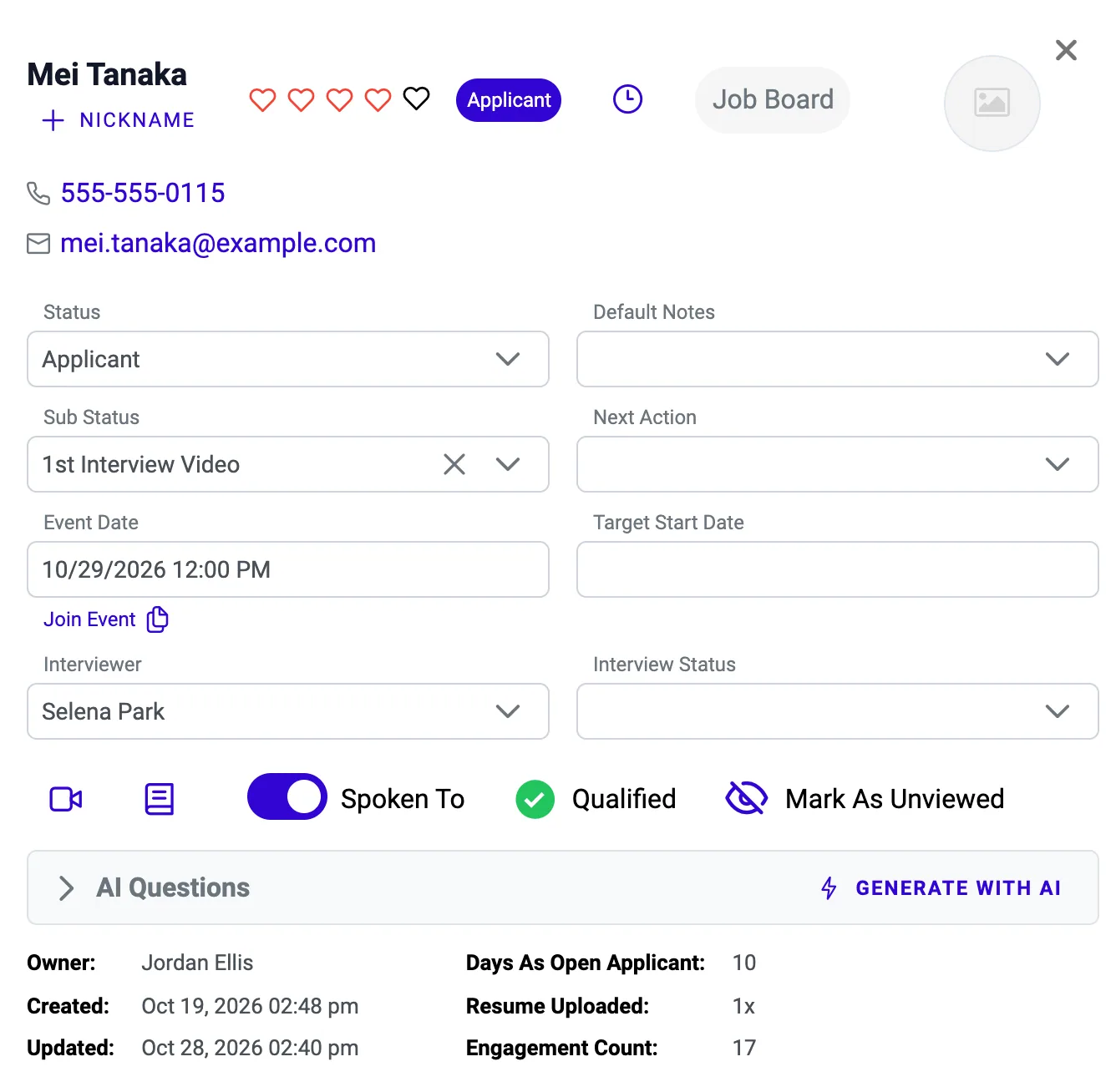 Applicant panel with an interview booked: Event Date, the Join Event link with copy icon, video interview and AI Questions buttons