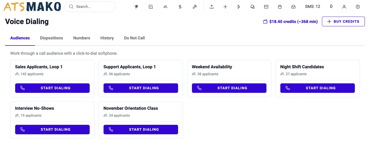 Voice Dialing page, Audiences tab: one card per call audience with its size and a Start Dialing button, credit balance and Buy Credits