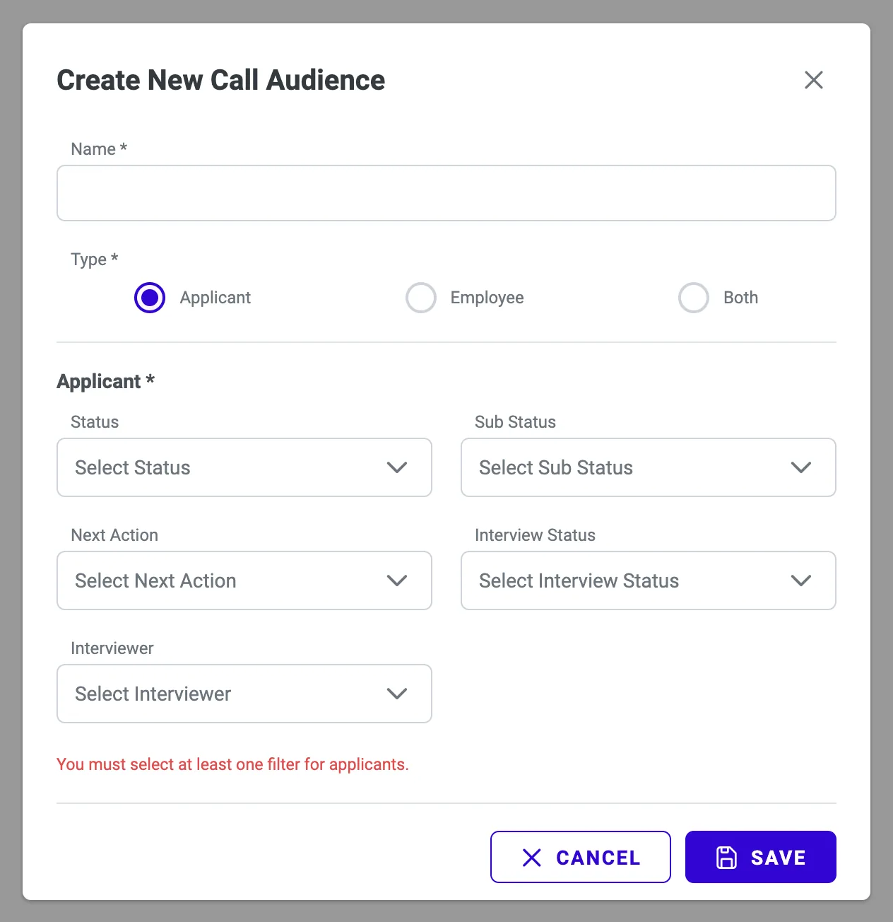 Create New Call Audience dialog: name, type (Applicant / Employee / Both) and five filters
