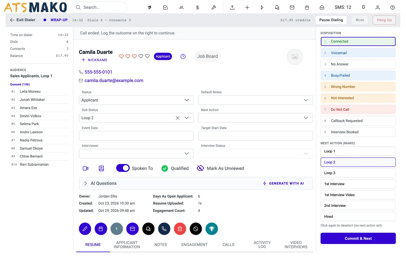 The dialer in wrap-up: controls and counters on top, queue on the left, applicant profile in the middle, Disposition and Next Action lists on the right