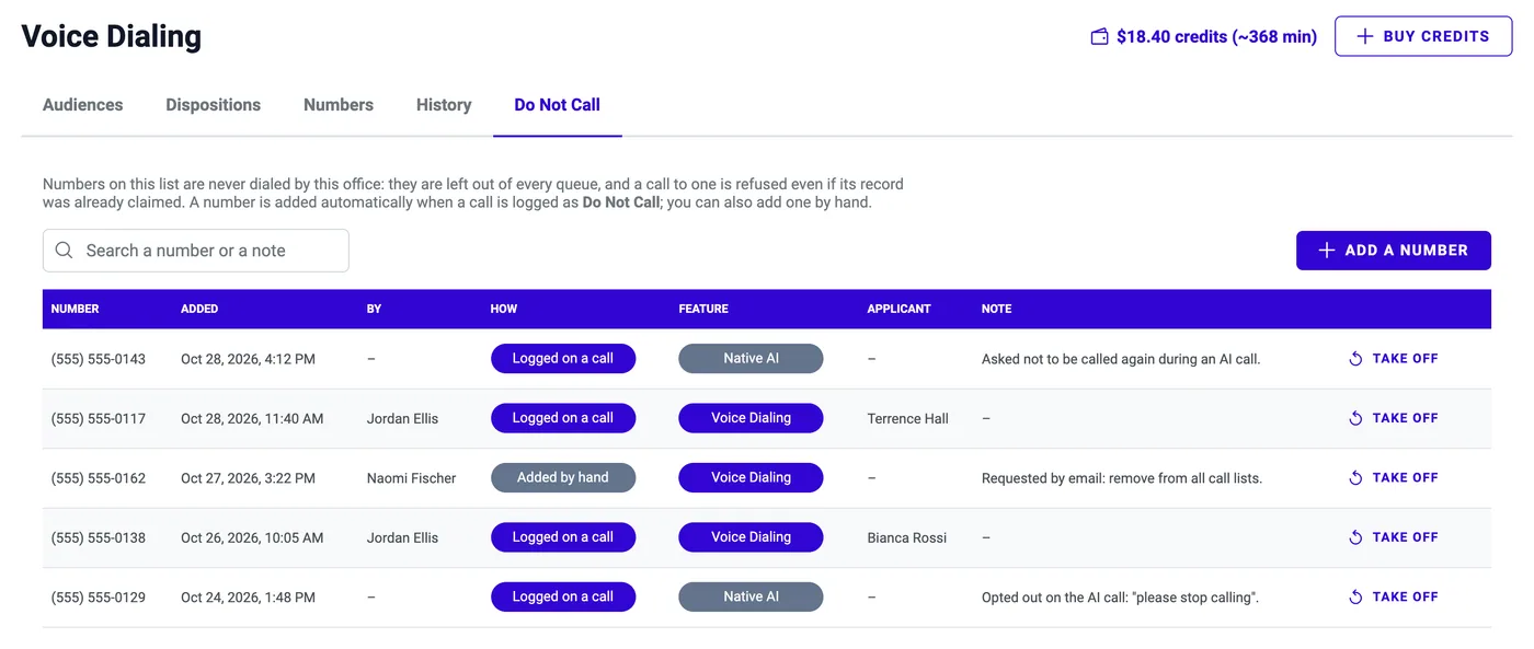 Do Not Call tab: numbers (blurred), who added them and how, feature, search, Add a number and Take off