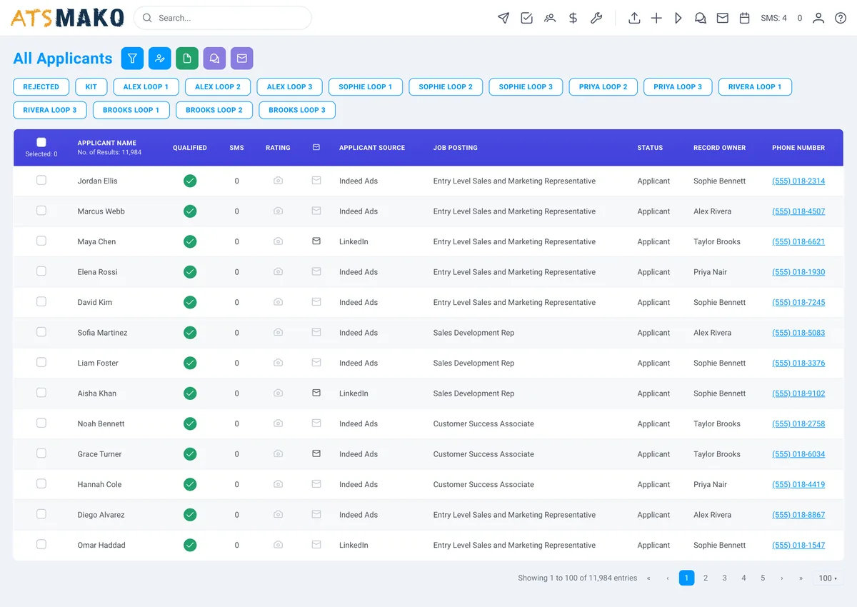 Applicant pipeline list in ATS Mako showing a filtered segment ready for bulk action