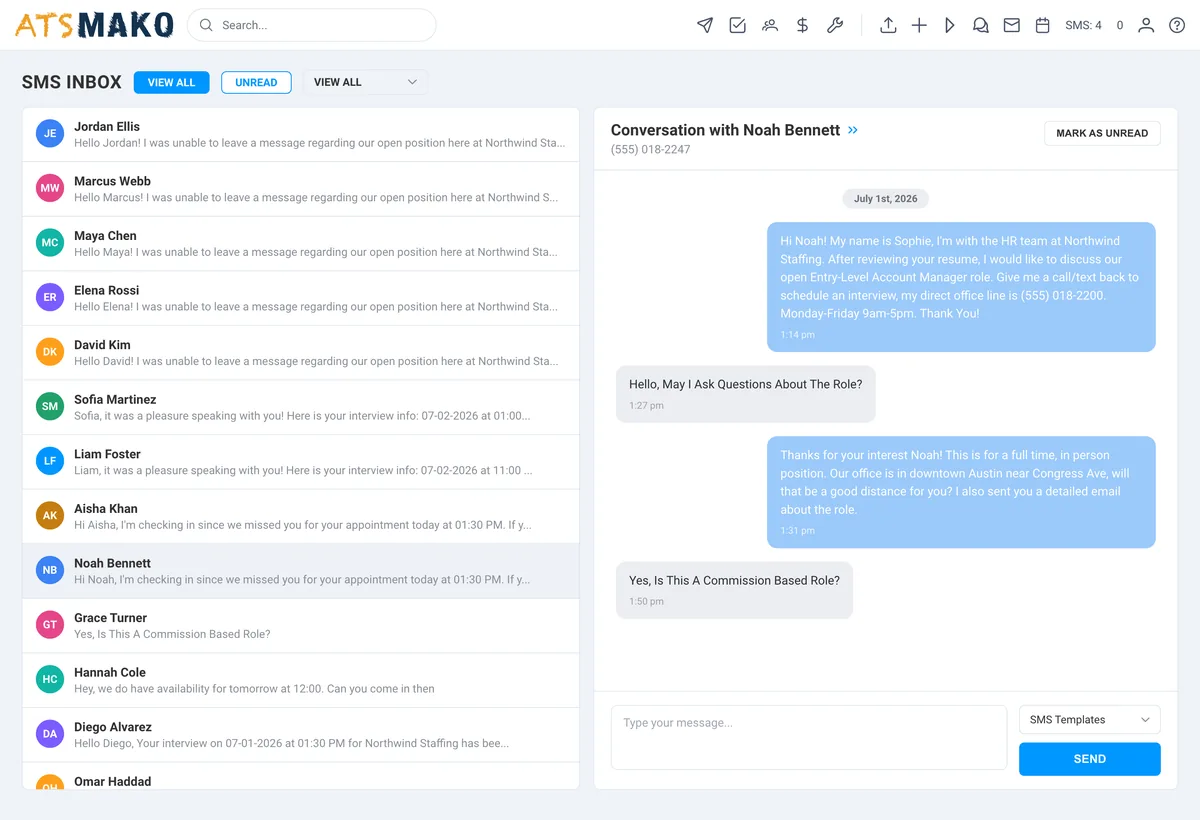 Two-way SMS inbox with conversation list and open thread in ATS Mako