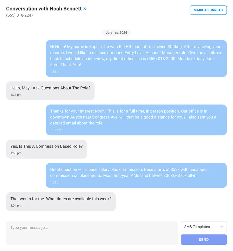 Two-way SMS conversation between a recruiter and a candidate in ATS Mako