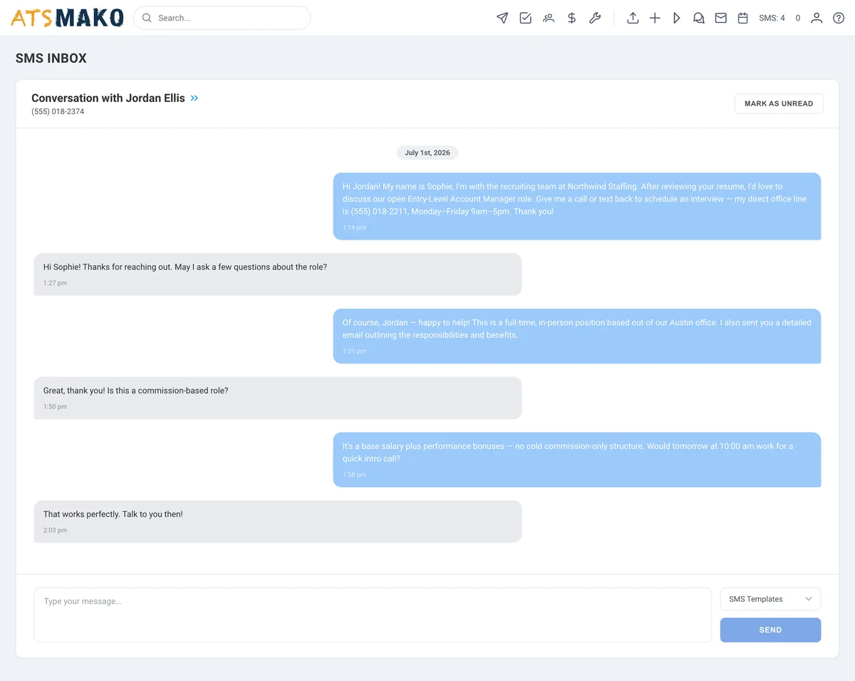 ATS Mako two-way SMS inbox showing a candidate conversation with opt-out handling and status tracking