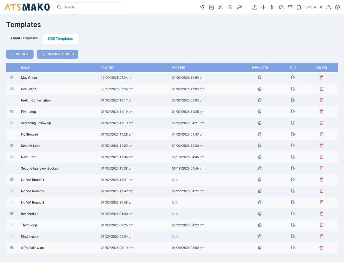 SMS and email template library in ATS Mako