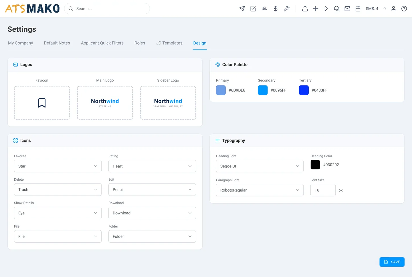 White-label branding settings with custom logos, colors, and typography in ATS Mako
