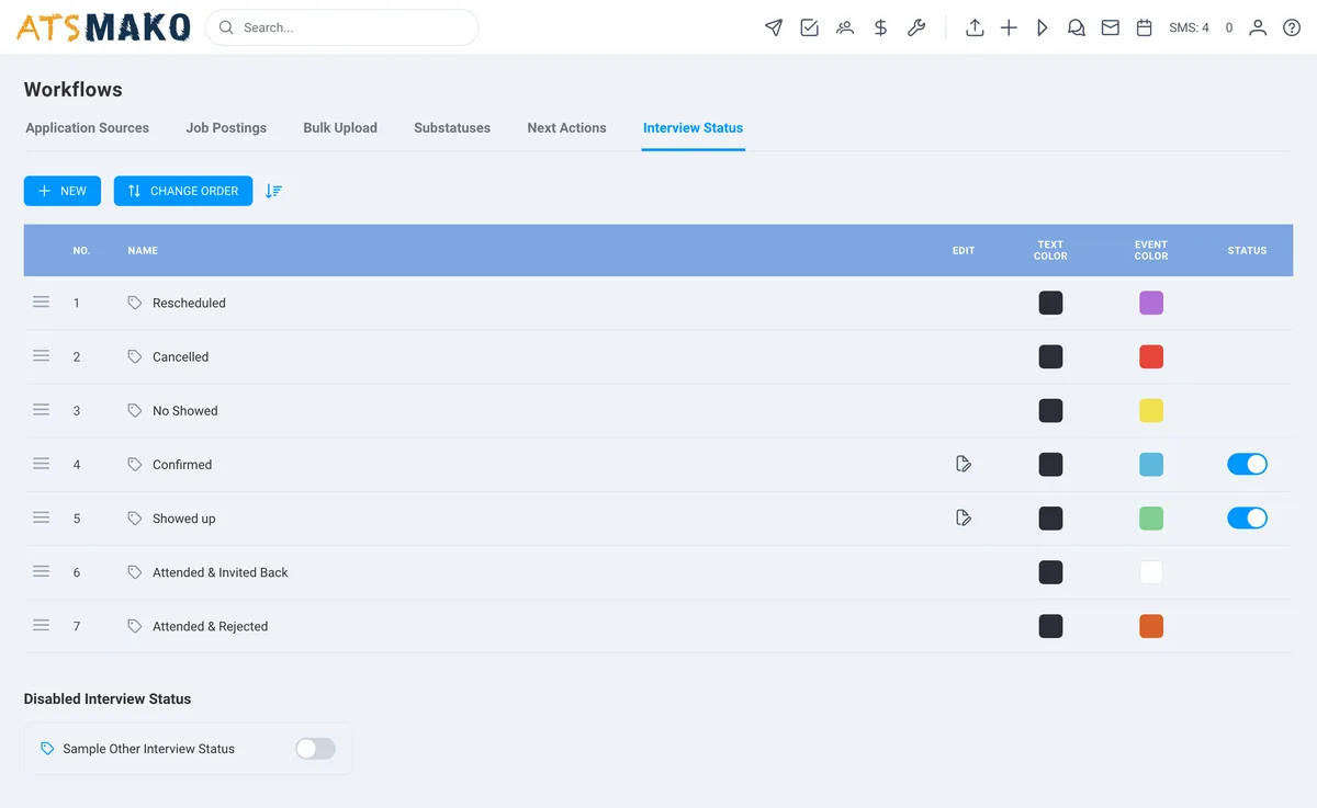 Configurable interview status workflow in ATS Mako