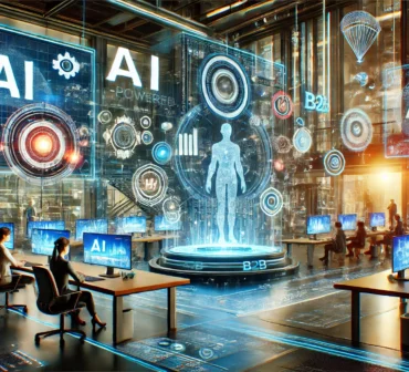 A futuristic business setting showcasing AI-driven B2B lead generation. Advanced technology, predictive analytics, and automated systems work together in a vibrant, high-tech environment.