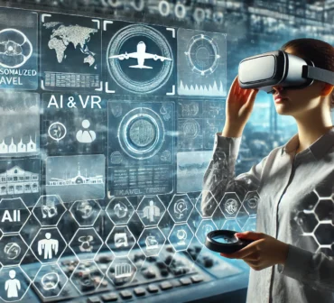 A futuristic scene with a traveler wearing VR glasses exploring a virtual world of personalized travel options. In the background, a control panel displays data and algorithms, highlighting AI and VR technology.