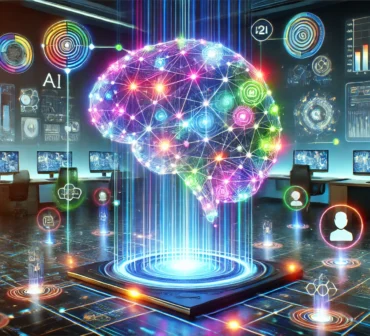 A futuristic depiction of AI-driven B2B lead generation, featuring a digital network with glowing data streams, AI neural networks, and holographic analytics displays.