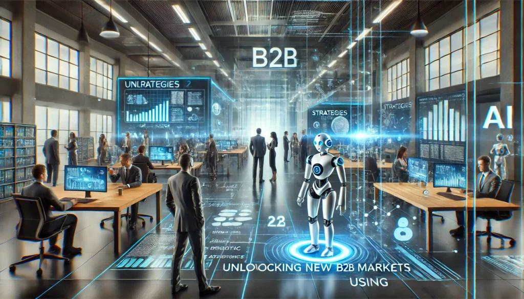 A futuristic business environment with AI-driven digital interfaces and robotic assistants collaborating with professionals, symbolizing advanced B2B market expansion strategies.