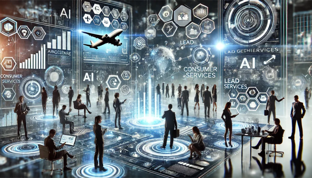 A futuristic business environment featuring advanced AI systems with multiple digital screens displaying data and analytics, symbolizing innovation and modern technology solutions.