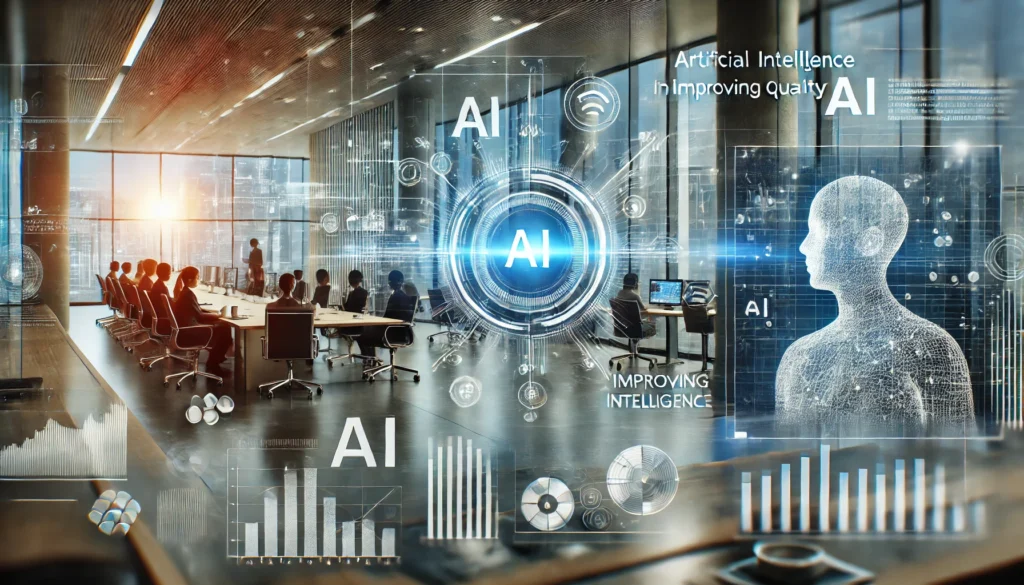 A futuristic business environment showcasing AI technology, with sleek digital interfaces and abstract data visuals, representing the transformation of lead generation in 2024.