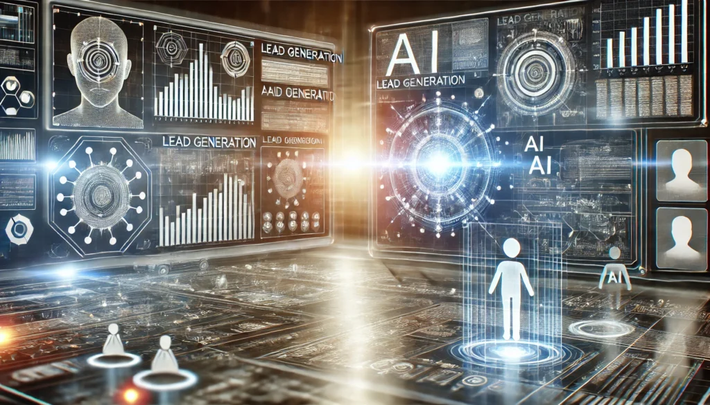 Futuristic business environment showcasing digital AI-powered systems analyzing data streams, symbolizing the transformation of lead generation through advanced technology.