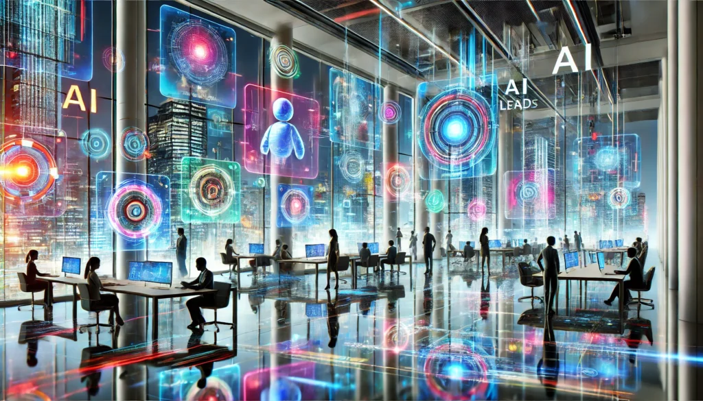 Futuristic business environment with vibrant colors, showcasing sleek digital interfaces and AI technology, representing innovation in lead generation and marketing strategies.