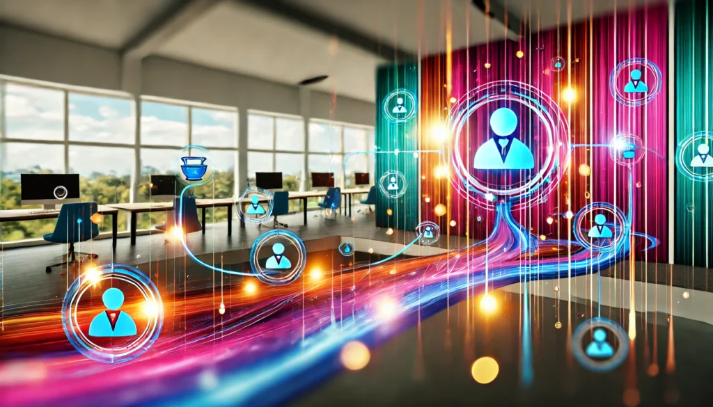 Vibrant futuristic business environment with dynamic AI elements, including data streams and holographic interfaces, symbolizing AI-driven lead nurturing and customer engagement.