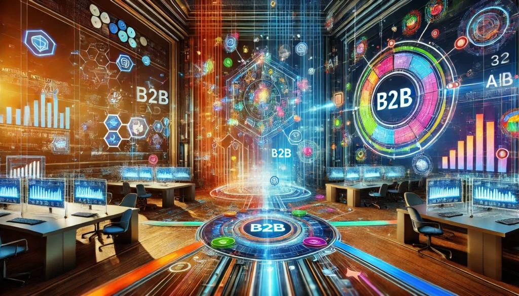 Vibrant, futuristic business environment showcasing dynamic AI-driven technology for lead generation, with colorful elements symbolizing innovation and data-driven insights.