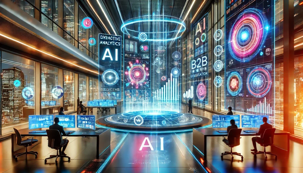 A futuristic business environment featuring sleek digital interfaces and AI-driven technology for optimizing B2B lead generation and market expansion strategies.
