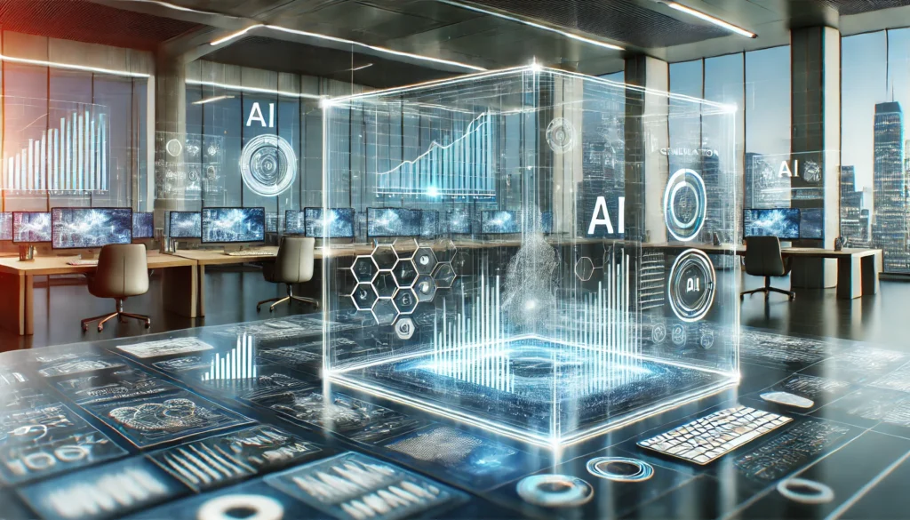 Futuristic business environment with sleek digital interfaces and AI-driven technology, representing innovation in lead generation and advanced business strategies.