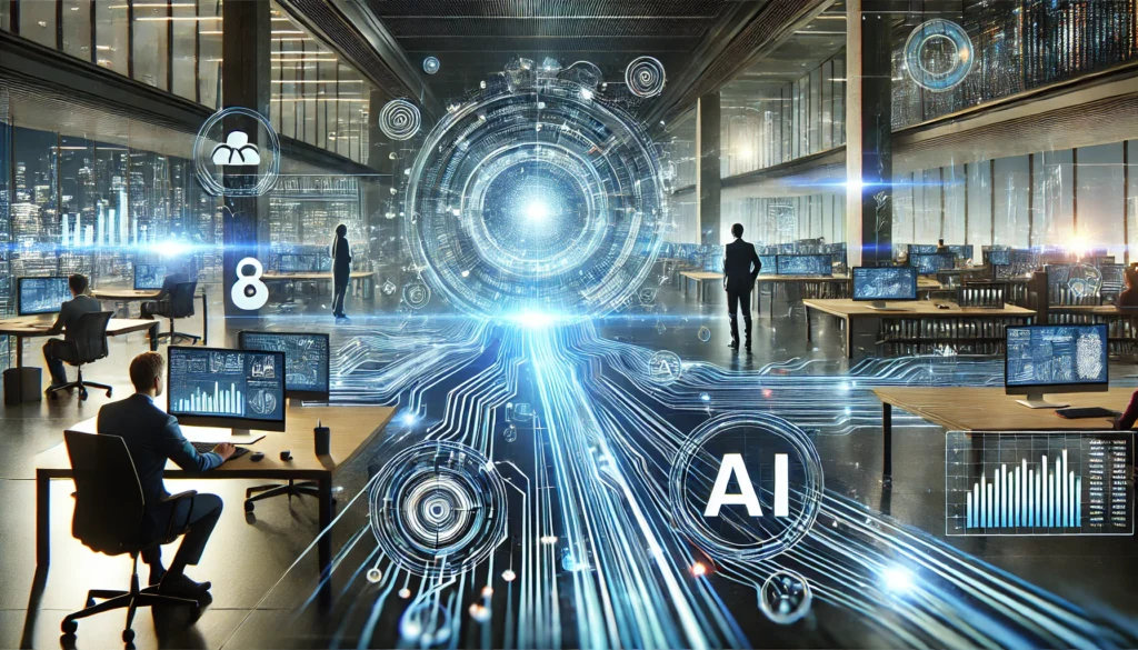 Futuristic business environment with sleek digital interfaces and AI-driven data visuals, representing the optimization of lead generation strategies for modern businesses.