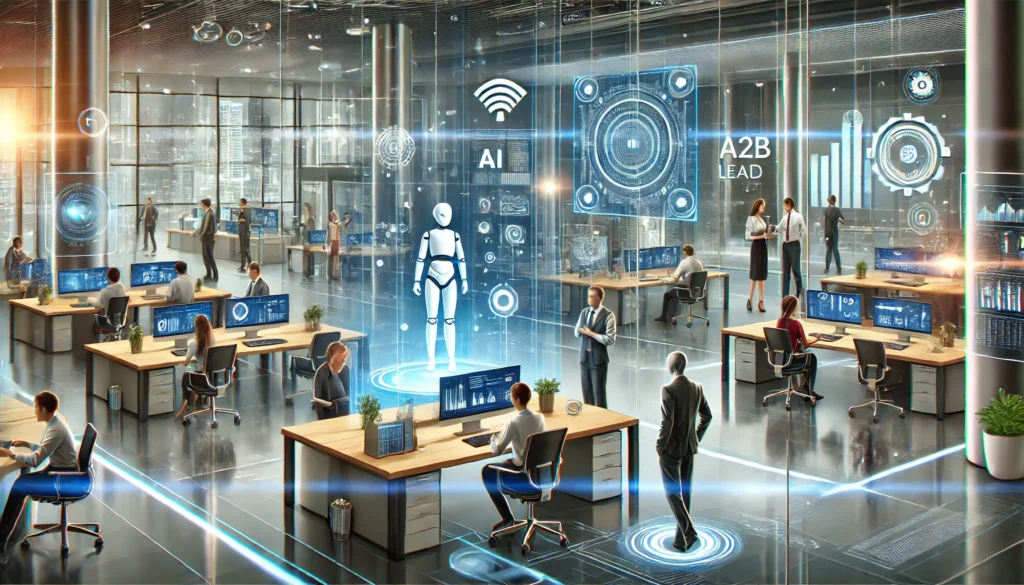 A modern office with people collaborating, surrounded by futuristic AI technology, holographic displays, and digital interfaces enhancing business operations.